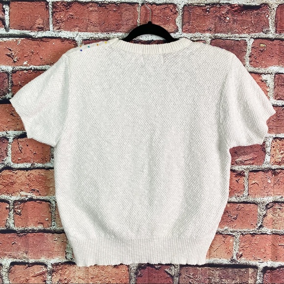 Vintage 80’s Short Sleeve White Sweater Rainbow Beads Lg - Picture 5 of 6
